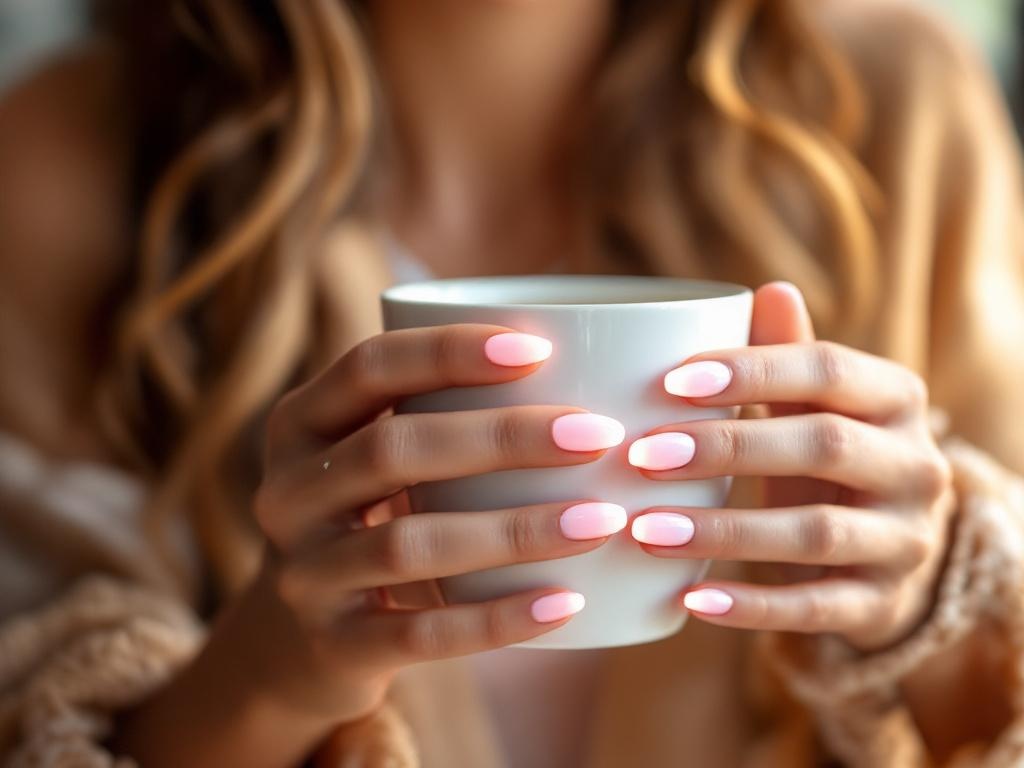 Woman at brunch holding coffee cup with glowing pink LED press-on nails