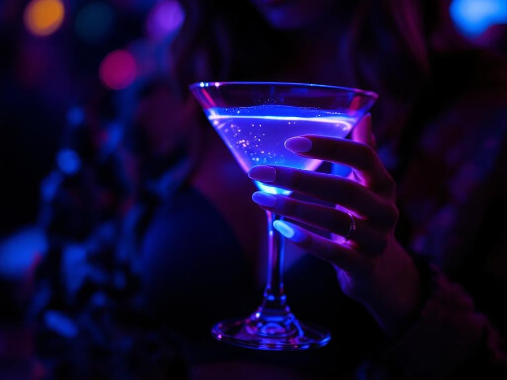 Woman at a bar holding a cocktail with glowing blue-purple LED nails