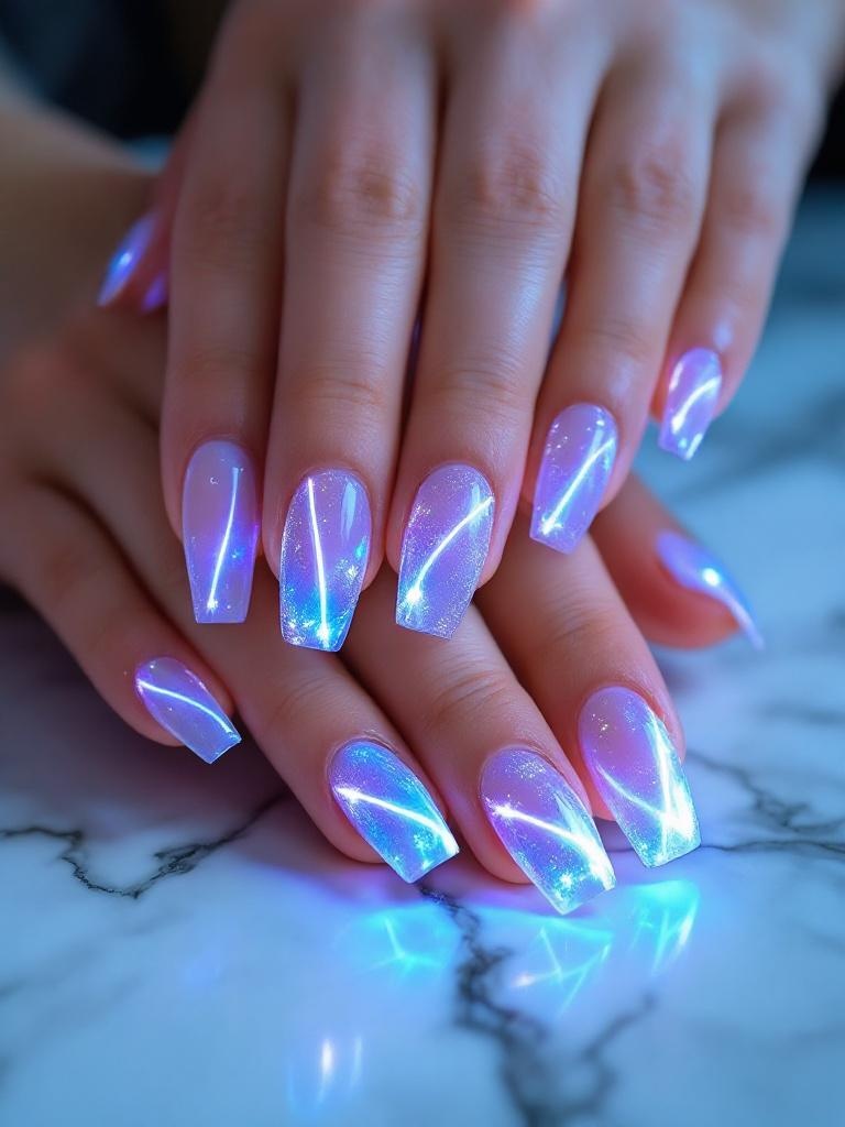 Coffin-shaped LED press-on nails glowing ice blue on marble — studio close-up