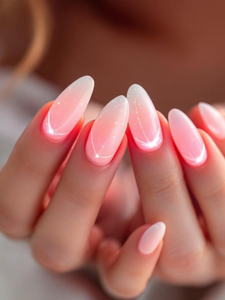 Almond-shaped LED press-on nails glowing soft pink — studio close-up