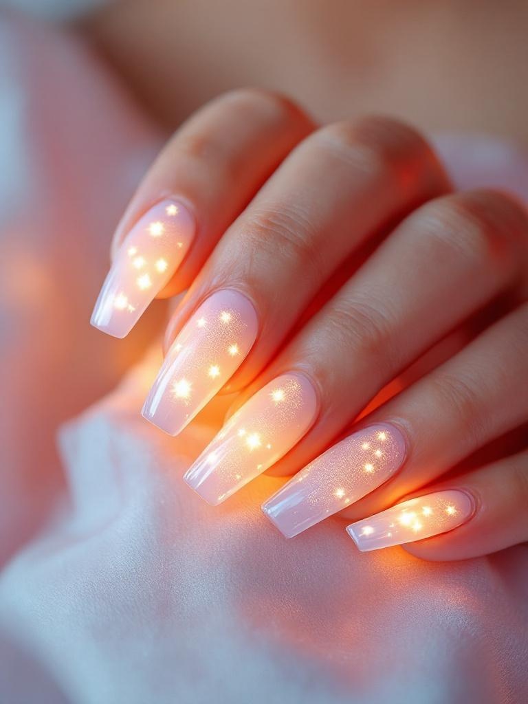 Square LED press-on nails with warm white glow — studio close-up